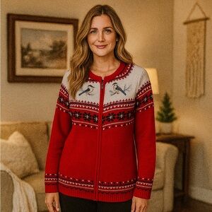 Festive Bird Zip-Up Sweater, Size Medium